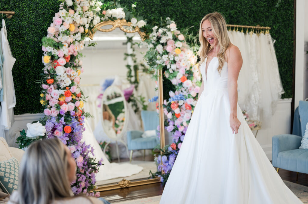 bride happy in a wedding gown at bride of the pines in aberdeen nc pinehurst nc southern pines nc fayetteville nc wendell nc